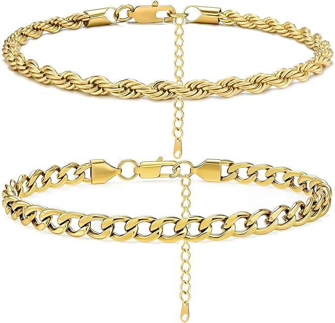 2PCS Ankle Bracelets for Women - Gold/Silver Plated Stainless Steel Anklets Set - Waterproof Layered Cuban Link Chain Anklet Bracelet Summer Beach Foot Jewelry Gifts for Women, 8.5inches