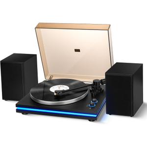 Vangoa Vinyl Record Player with 40W Speakers, Belt-Drive Stereo Turntable, Magnetic Cartridge AT-3600L, Aluminum Platter, Hi-Fi, 2 Speed, LED Lighted Modern Bluetooth Turntable for Vinyl, Black