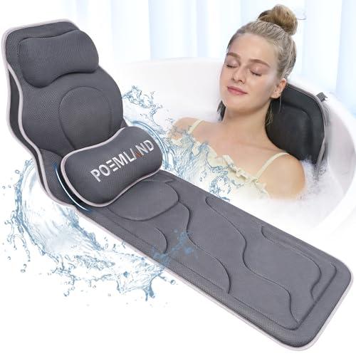 Poemland Full Body Bath Pillow for Tub - Extra Long & Thick Tub Pillow with Head, Back & Lumbar Support, 168 Non-Slip Suction Cups, Soft 5D Mesh Spa Cushion, Fits All Tubs-Gift for Soaking(Gray)