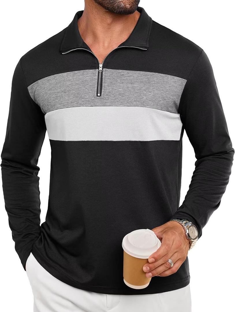 Mens Quarter Zip Polo Shirt Long Sleeve Color Block T Shirts for Men Lightweight Casual Striped Golf Polos (Black, M)