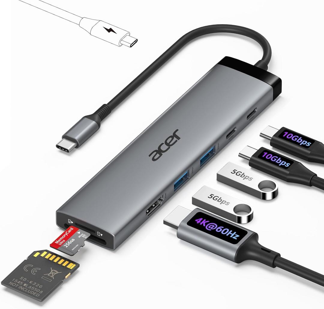 Acer 8 in 1 USB C Hub 10Gbps, USBC to HDMI Adapter 4K@60Hz, 2USB-C 3.2, 2USB A 3.0 Data Transfer, 100W PD Port Type C Multiport Splitter with SD/TF Card Reader, for Laptop, PC, Desktop, iPad Pro