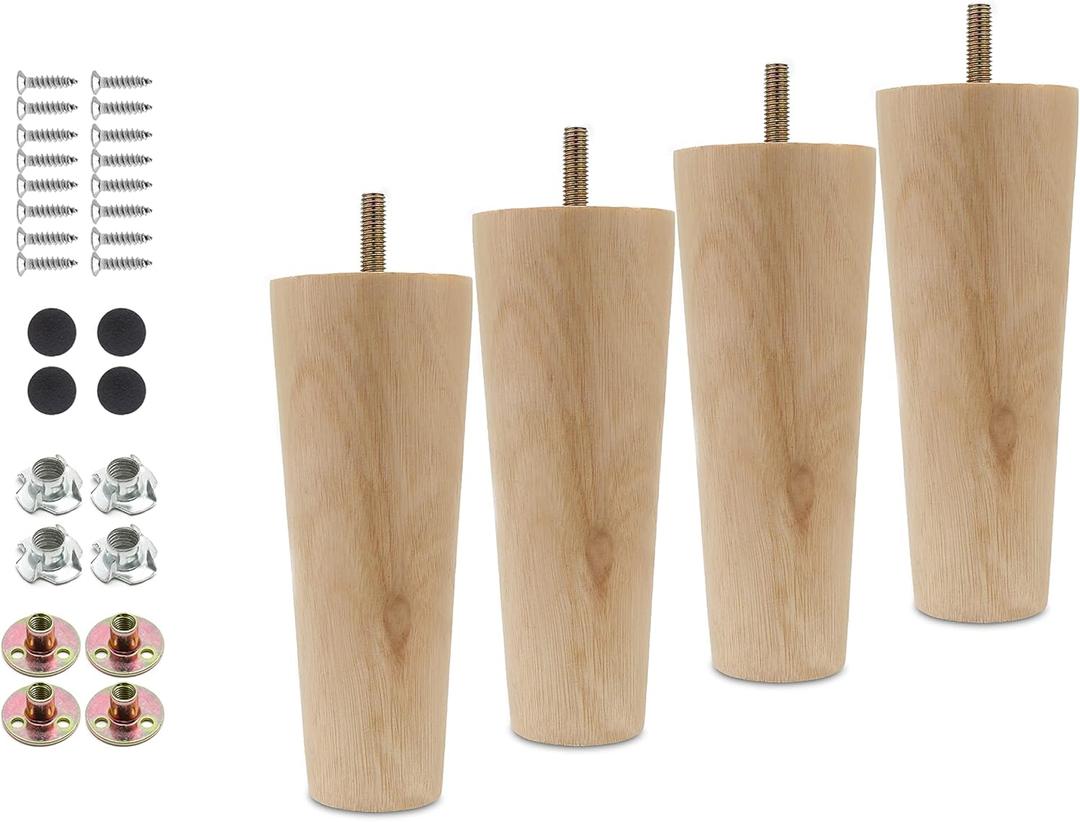 4pcs 6 Inch Wood Furniture Legs, Straight Conical Solid Wood Sofa Legs, Mid-Century Style Furniture Feet for Sofa Cabinet Table Cupboard Couch Ottoman Home DIY Projects