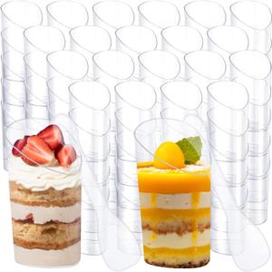 MAQUITA 100 Pack Mini Dessert Cups with Spoons Small Plastic 3 oz Slanted Round Shooter Disposable Clear Plastic Parfait Appetizer Cup for Tasting Sample Appetizers