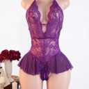 exy Lingerie for Women Hollow Out Floral Lace Bodysuit One Piece Lingerie Deep V Teddy Babydoll Underwear, Purple XL