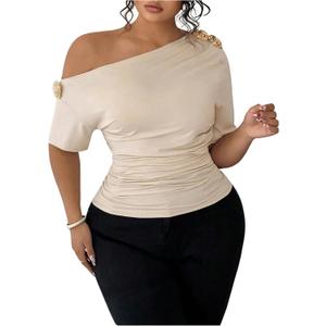Women's Plus Size Off The Shoulder Tops Elegant Metal 3D Floral Ruched Short Sleeve Going Out Blouses (Beige, XXL)