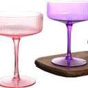 2 Pcs Ribbed Coupe Glasses, 10 oz Vintage Cocktail Coupe Glasses Set, Classic Cocktail Galssware, Bar Drinking Glasses Set Pefect , Wine, Champagne & Gift (PINK&PURPLE)