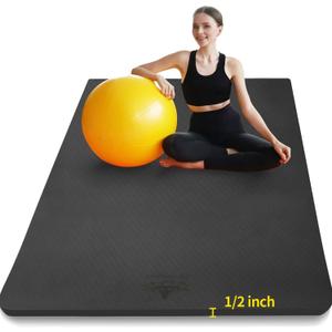 Hatha Yoga Large TPE Yoga Mat 6'x4'x1/2" Extra Thick Non-Slip Exercise Mat - for Yoga Pilates & Home Gym Workouts (Black)