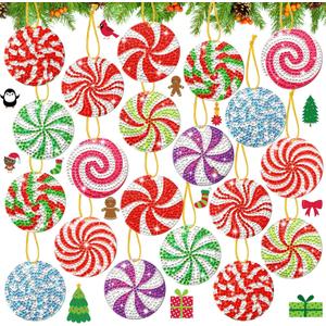 Skylety 20 Pcs Christmas Diamond Art Ornaments Candy Diamond Painting Kit for Adult 5d DIY Xmas Gift Wrap Tags with Rope Winter Hanging Ornaments for Christmas Tree Party Craft Decor
