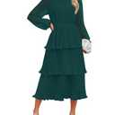 ZESICA Women's 2025 Long Sleeve Crew Neck Ruffle Tiered Layered Chiffon Flowy Swing Long Midi Dress,DarkGreen,Medium