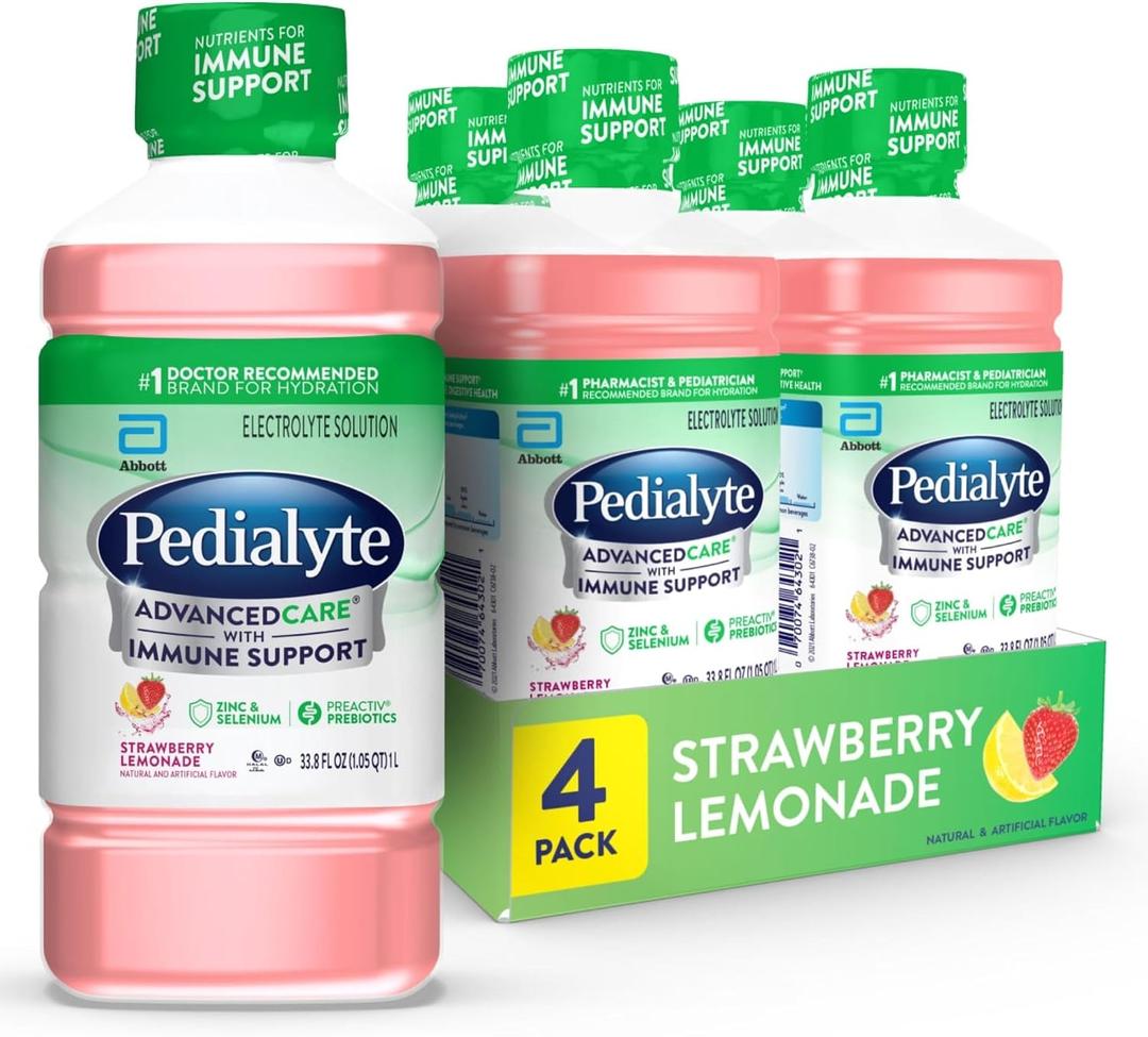 Pedialyte AdvancedCare Electrolyte Solution Has PreActivPrebiotics | Hydration Drink | Strawberry Lemonade, 1 Liter, Pack of 4 (EXP 03/01/28)