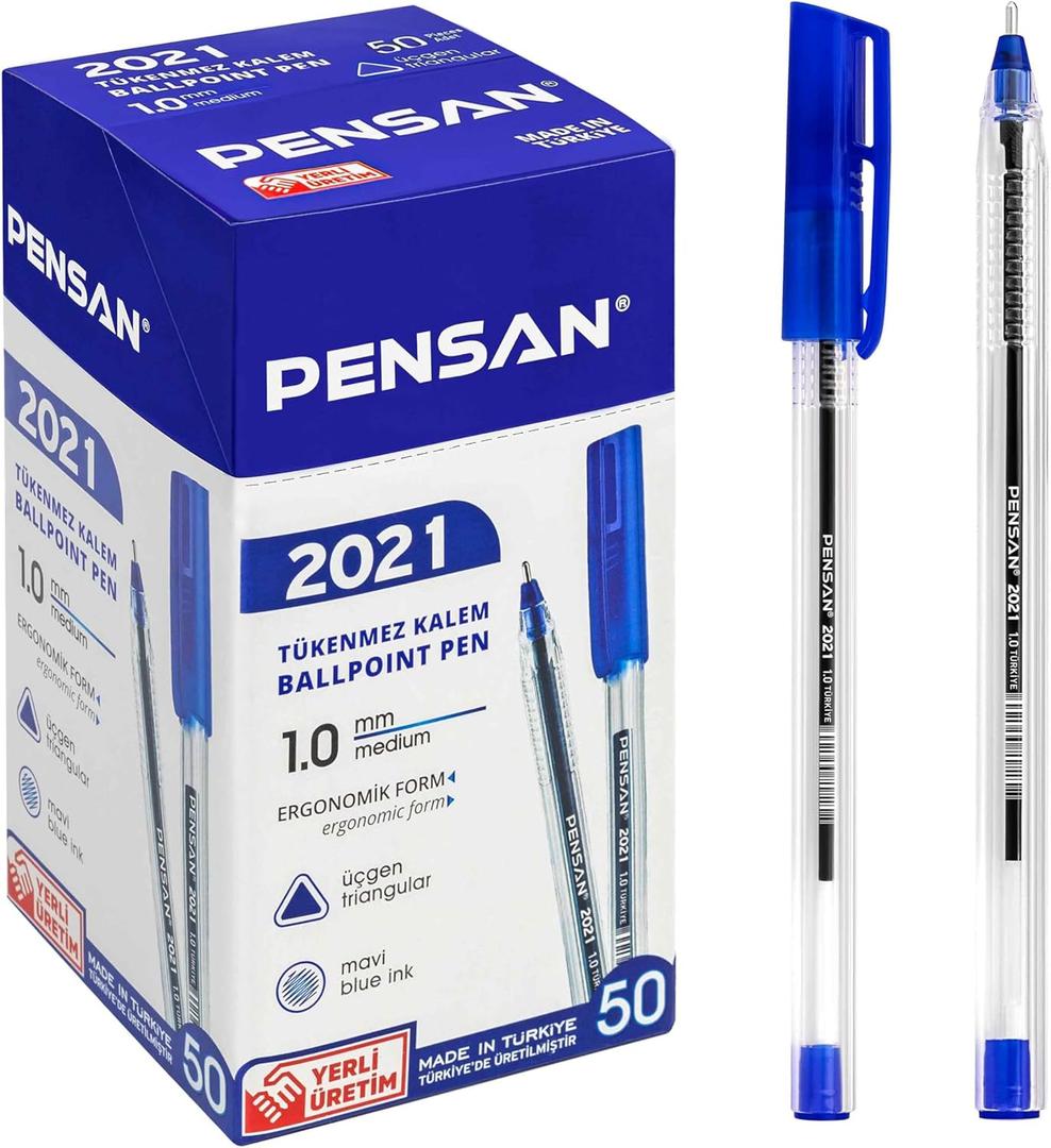 PENSAN Blue Ballpoint Pens,1.0 mm Medium Point, Blue Pens, Ergonomic Triangle Grip, 50-Count Pack of Bulk Pens