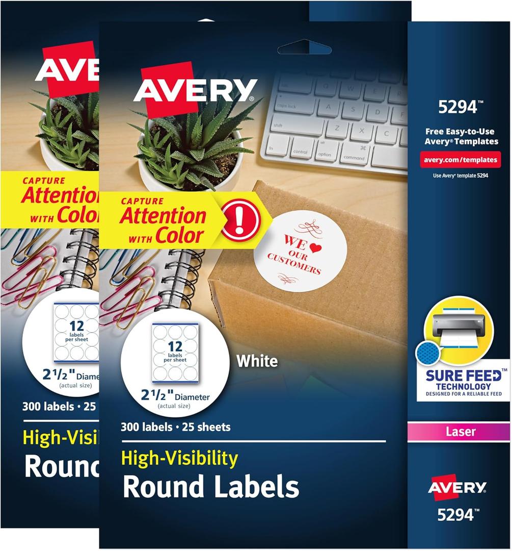 Avery High Visibility Printable Round Labels with Sure Feed, 2.5" Diameter, White, Laser Printer, 300 per Pack, 2 Packs, 600 Customizable Blank Labels Total (45294)