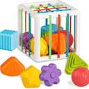 Aprilwolf Montessori Toys for 1 Year Old, Cube & 6 Sensory Shape Blocks, Baby Toys 12-18 Months, Developmental Infant Birthday Gifts for Learning Toddler Age 1 2 3, 4.9 Inch Shape Sorter Cube