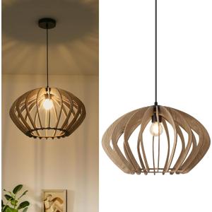 SUNLLOK Farmhouse Large Pendant Light for Kitchen Island, Industrial Woven Wicker Ceiling Hanging Lamp, Wood Basket Lampshade Chandelier for Living Room, Dining Room, Bar, Restaurant (Retro)