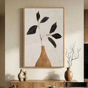 Framed Boho Abstract Neutral Floral Wall Art for Living Room, Minimalist Leaf in Brown Vase Print Canvas Artwork for Walls, Nordic Wabi Sabi Mid Century Modern Bedroom Kitchen Wall Decor, 24x36 In