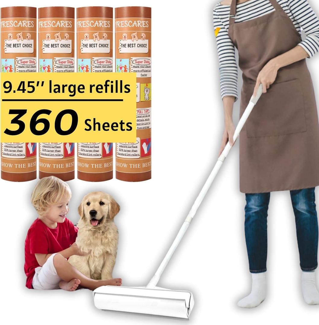45 Inch Long Handle Lint Roller Extra Sticky for Carpet, 9.45'' Large Surface Pet Hair Remover for Couch, Sticky Roller for Floor Pick Up Larger Pieces, by Frescares, 1 Roller Stick+4 Roller Refills