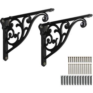 2 Pack 8 Inch Shelf Brackets, Black Shelf Brackets,Metal Bracket for Shelves Ornate Heavy Duty Decorative Wall Brackets for Shelves (2, Black)