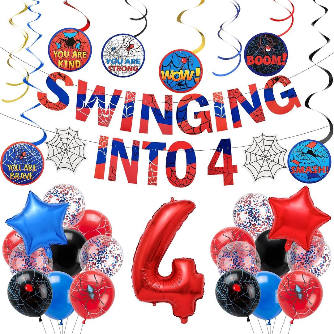 Spider Theme 4th Birthday Party Supplies Decorations Swinging into 4 Banner Red Blue Spider Theme Number Foil Balloons Hanging Swirl Cards Cartoon Parties Spiders Birthday Party Supplies
