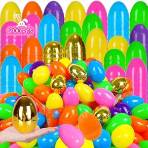 200 PCS 3" Large Fillable Plastic Easter Eggs with 6 Golden Eggs, Empty Bright Colorful Eggs for Kids Easter Hunt Classroom Prizes Basket Stuffers Easter Party Favors