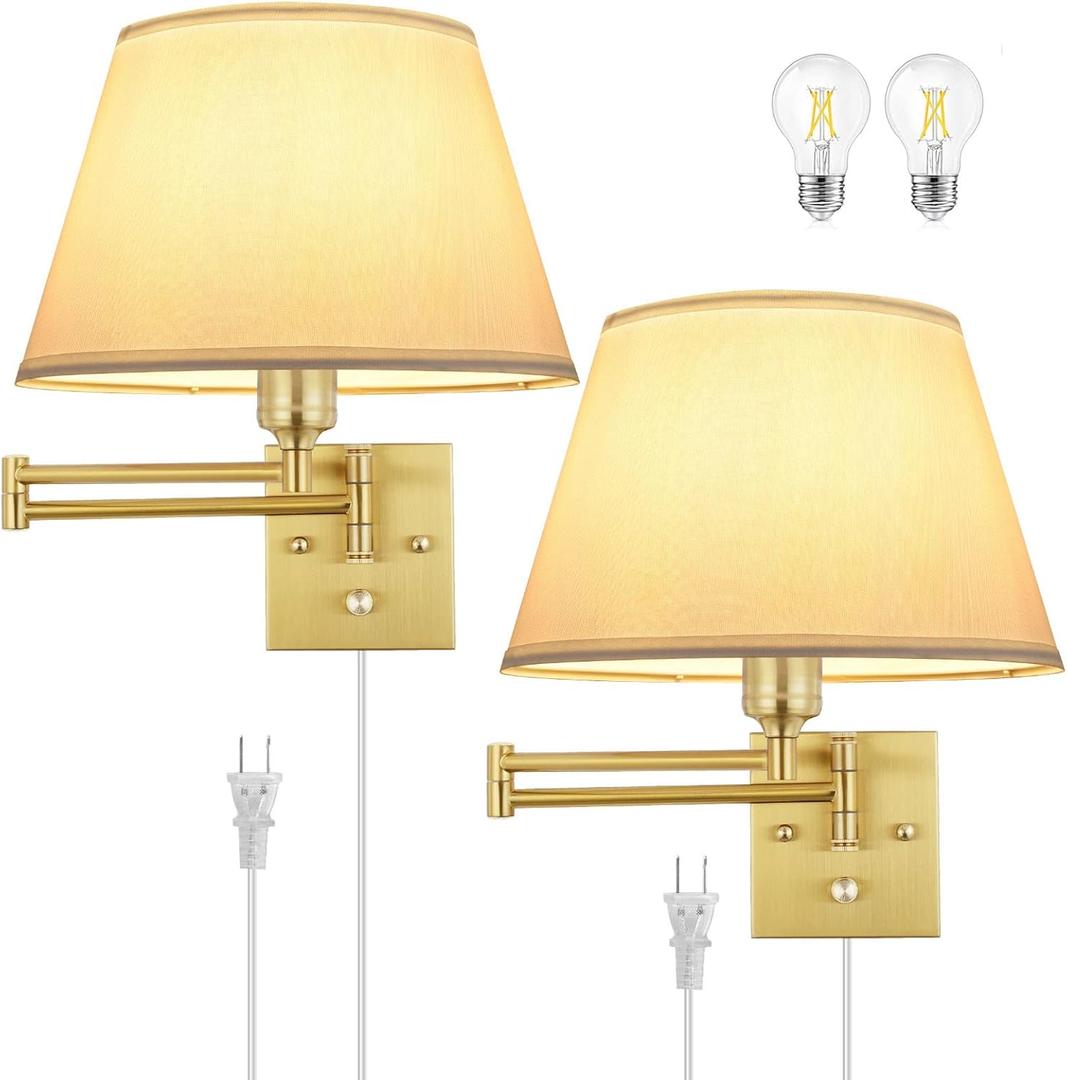 TRLIFE Dimmable Wall Sconce Plug in, Brushed Brass Wall Sconces Set of 2 Swing Arm Wall Lights with Plug in Cord and Dimmer On/Off Knob Switch, 11.8" Large White Fabric Shade(2 LED Bulbs Included) (Gold)