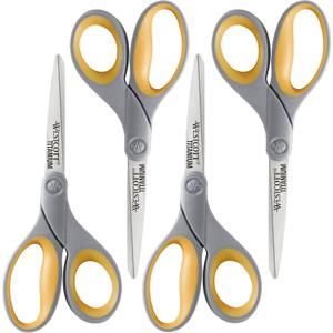 Westcott 8-Inch Titanium Bonded Scissors for Home, Office, and Classroom - Perfect for Cutting Paper, Sewing, and Crafts - Heavy-Duty Design with Soft Handle - Gray/Yellow - 4-Pack