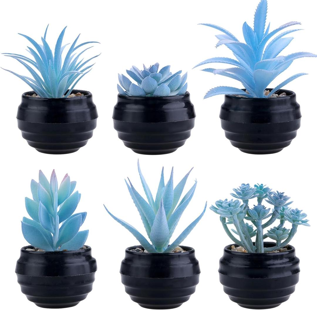 GREENTIME 6 Pcs Blue Artificial Succulent Plants in Mini Black Plastic Pots Small Fake Succulent Plant Faux Indoor Decor Bedroom Desk Bathroom Office Living Room Table Shelf Home Decoration
