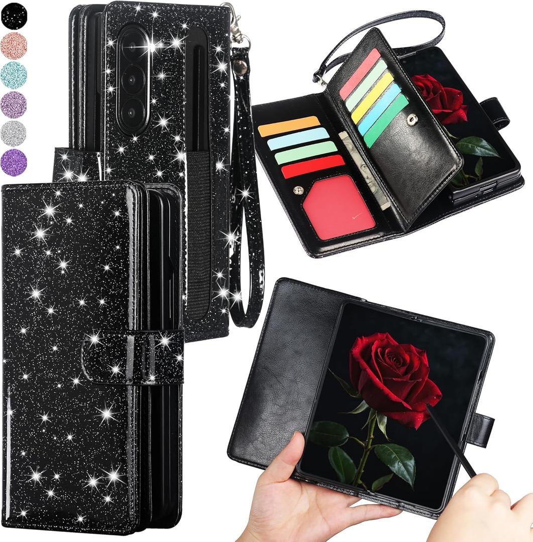 Varikke Compatible with Samsung Galaxy Z Fold 6 Wallet Case, [RFID Blocking] Card Holder, Glitter PU Leather Flip Phone Case with S Pen Holder Slot & Wrist Strap for Women Men, Black