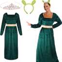 Mepase 3 Pcs Halloween Green Princess Costume for Women Green Dress Ogre Ears Headband and Crown for Monsters Princess Cosplay Halloween Party Dress up Accessories