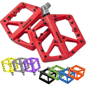 MTB Pedals Large Mountain Bike Pedals, Lightweight Nylon Fiber Composite Bicycle Platform Pedals, Grippy Pedals w 18 Pins, Cr-Mo Spindle fit w 2 Bearings, Clipless Pedals for BMX MTB Bike 9/16" (Red)