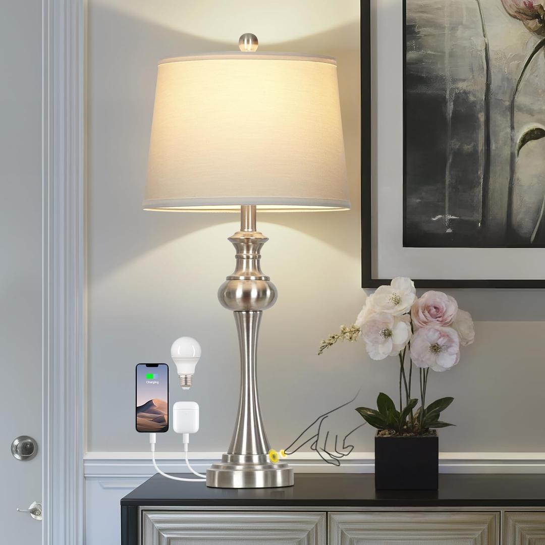 28.75" Silver Table Lamps for Living Room,Touch Lamps for Bedrooms Bedside Lamp 3-Way Dimmable Touch Control, Modern Silver Nightstand Lamp Fabric Shade Mid Century Accent StyleBulb Inclued
