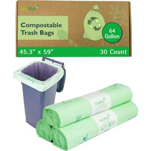 bioMat Compostable Trash Bags 64 Gallon, 30 Count, Extra Large flat top Kitchen Food Scrap Bin Liners, BPI, CMA and OK Compost HOME certified, Meets the ASTM D6400 Standard