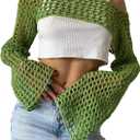 Women's Mesh Crochet Crop Top Hollow Out Long Sleeve Sweater Sexy Y2K Bikini See Through Cover Ups (Green, Large)