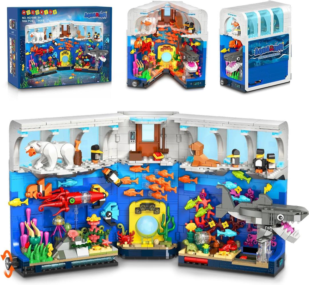HOGOKIDS Aquarium Book Nook Building Set with Lights - Booknook Fish Building Toy for Bookshelf Home Decor, 1064PCS Movable Shark Ocean Polar Animals Blocks Bookend Kit for Adults Teens Boys Girls 8+