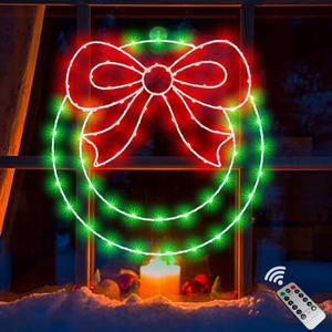 Zimati Christmas Wreath Window Lights Decorations, 14" 82LEDs Christmas Wreath Lights with Bow, Timer Remote Control USB Powered Window Silhouette Light for Door Home Wall Winter Xmas Party Decor