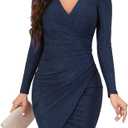 Ihot Women's Glitter Party Dresses Sexy V Neck Long Sleeve Faux Wrap Ruched Bodycon Sparkly Night Club Dress (Medium, Dark-Blue)