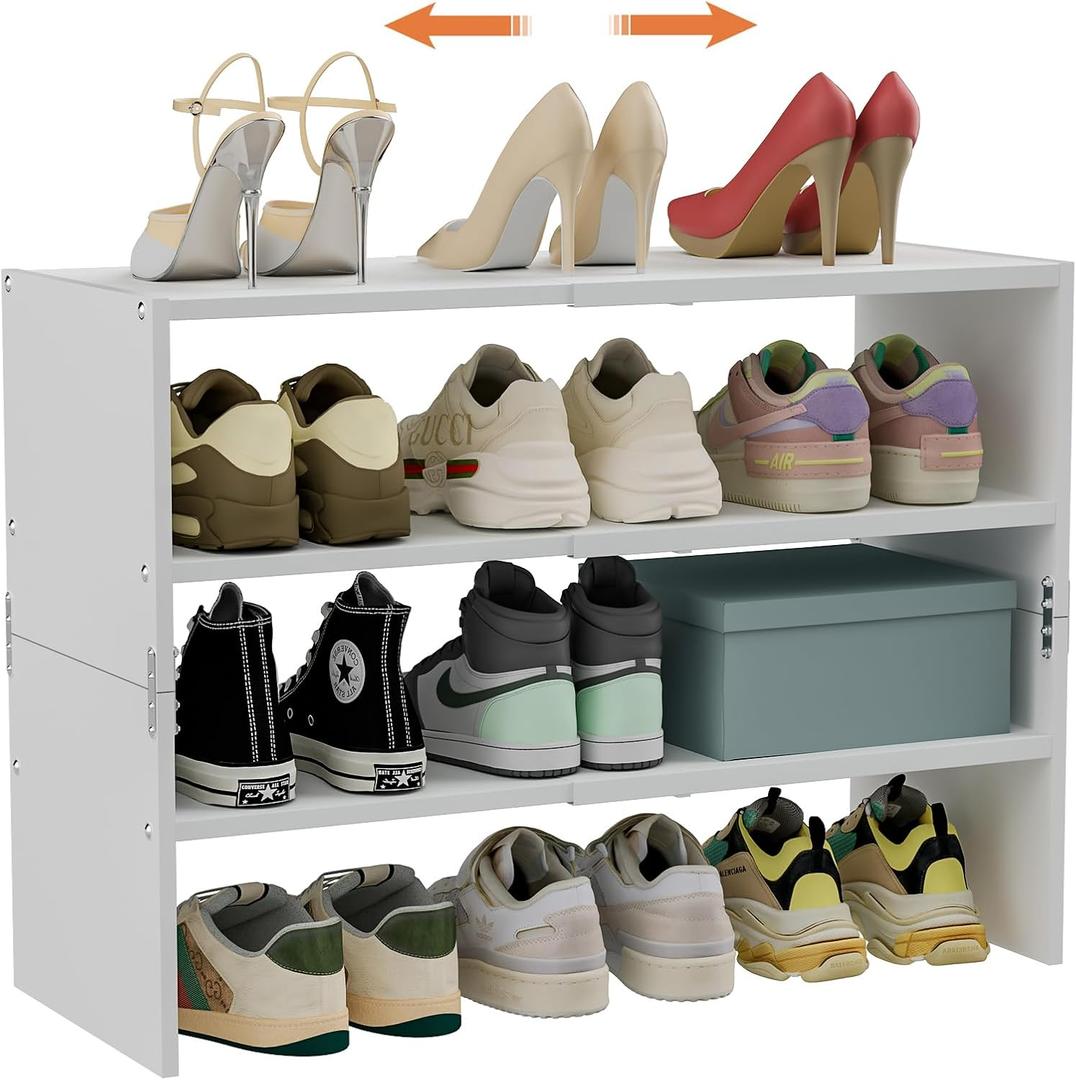 White Shoe Rack Organizer for Closet, 3-Tier Expandable Shoe Shelf, Stackable Iron Wood Combination Shoe Racks Shelves for Closets, Entryway,Small Space,Hallway,Garage,Holds 8-16 Pairs of Shoes