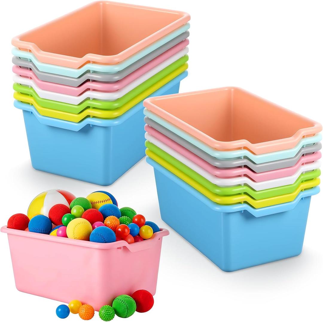 16 Pcs Plastic Book Bins, Scoop Front Cubby Storage Bins, 8 Color Stackable Organizer Tubs Containers Multi Functional Box for Books, Supplies, Home Office Playroom, 11.42x7.48x4.92 Inch