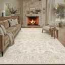 8x10 Beige Washable Area Rug for Living Room Bedroom Neutral Soft Floral Non Slip Large Throw Rug Lightweight Vintage Low Pile Distressed Carpet Office Playroom Dining Room Home Decor