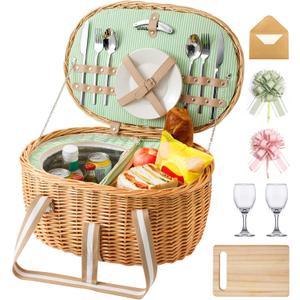 Picnic Basket for 2, Extra Large Wicker Picnic Basket Insulated, Handwoven Vintage Willow Picnic Set, 2 partitions, 8.4 Gal, Portable Camping, Outdoor, Couples Wedding Gifts, Date, Natural