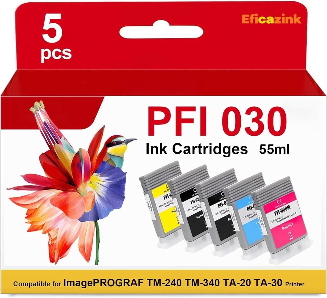 PFI-030 PFI-030BK PFI-030MBK PFI-030C PFI-030M PFI-030Y Ink Cartridge Compatible for ImagePROGRAF TM-240 TM-340 TA-20 TA-30 Printers (5 Pack)