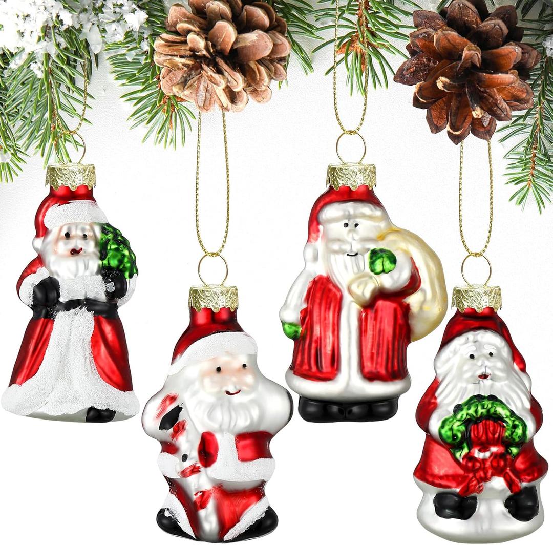 Shappy 4 Pcs Santa Claus Christmas Tree Ornament 4 Styles Glass Blown Mini Vintage Christmas Hanging Ornaments Winter Decorations for Xmas Party Decorations Gift
