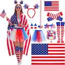 Unittype 10 Pcs 4th of July Outfit for Women 4th of July Tutu Costume Set American Flags Costume with Tutu Skirt Headband Arm Sleeves Socks Flag Shawl Bracelets Sunglasses Earrings Necklace Hand Flag