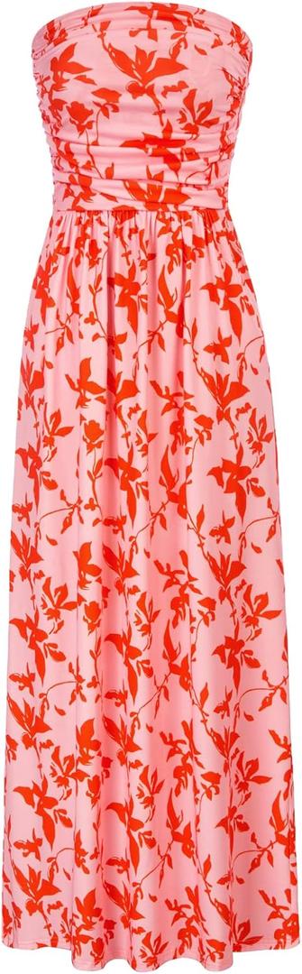 GRACE KARIN Women Strapless Casual Loose Ruched Long Maxi Dress with Pockets (Large, Orange Leaf)