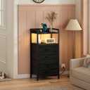 Furnulem Night Stand with Charging Station, Black Nightstand with Drawers and Led Light, Tall Dresser for Bedroom, Bedside Table with Fabric Storage Bins, Metal Frame, Wood Furniture, With Socket and Light