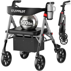 Bariatric Rollator Walker with Seat for Seniors, 500lb Capacity Aluminum Frame, Zero Wobble, 16lb Lightweight, 8" All Terrain Wheels, 10-Level Adjustable Handle/Seat, Cup Holder, Cane Clip