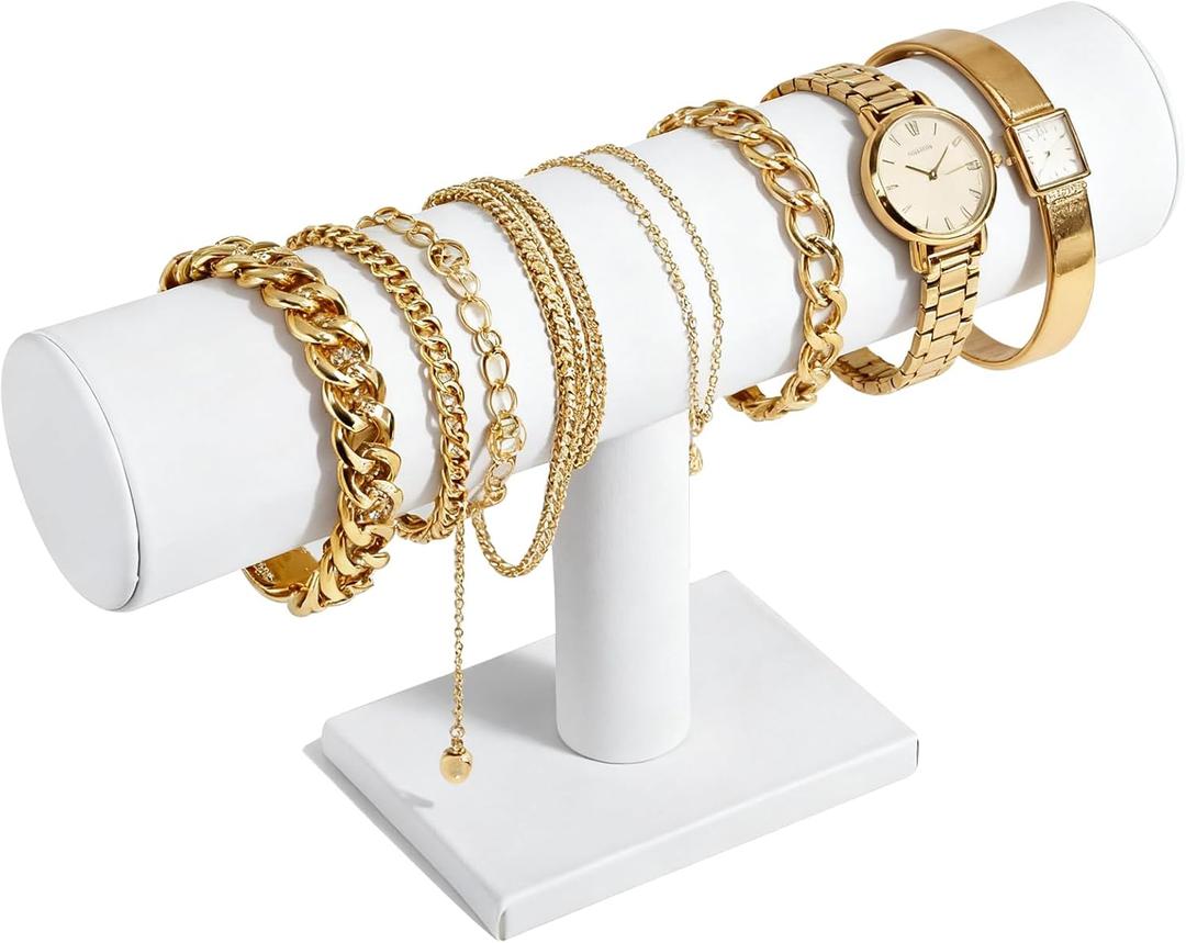 TENINYU Hovering T-Bar Bracelet Necklace Earring Bangle Pendants Anklet Tower Watch Key Jewelry Display Stand for Home Organization (White Leatherette)