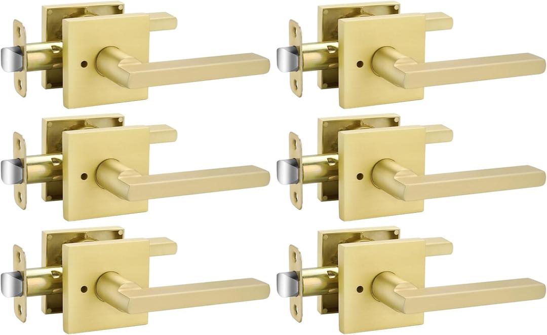 Goldenwarm Gold Door Handles Interior, Zinc Alloy Heavy Duty Brushed Gold Interior Door Handles for Bedroom Bathroom, Modern Square Privacy Door Levers (6 Pack)