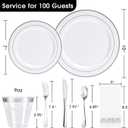 N9R 700PCS Silver Disposable Dinnerware Set for 100 Guests, White Plastic Plates with Silver Rim, Include 100 Dinner & Dessert Plates, Plastic Silverware Set, Cups, Napkins for Party and Wedding