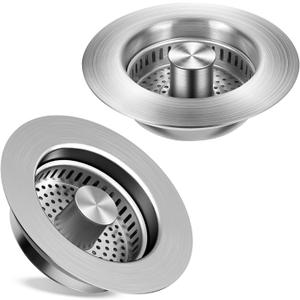 Kitchen Sink Drain Strainer 2 Pack, 304 Stainless Steel Pop Up Sink Stopper, Anti-Clogging Sink Drain Strainer for US Standard Kitchen Drain (SUS304 Brushed)