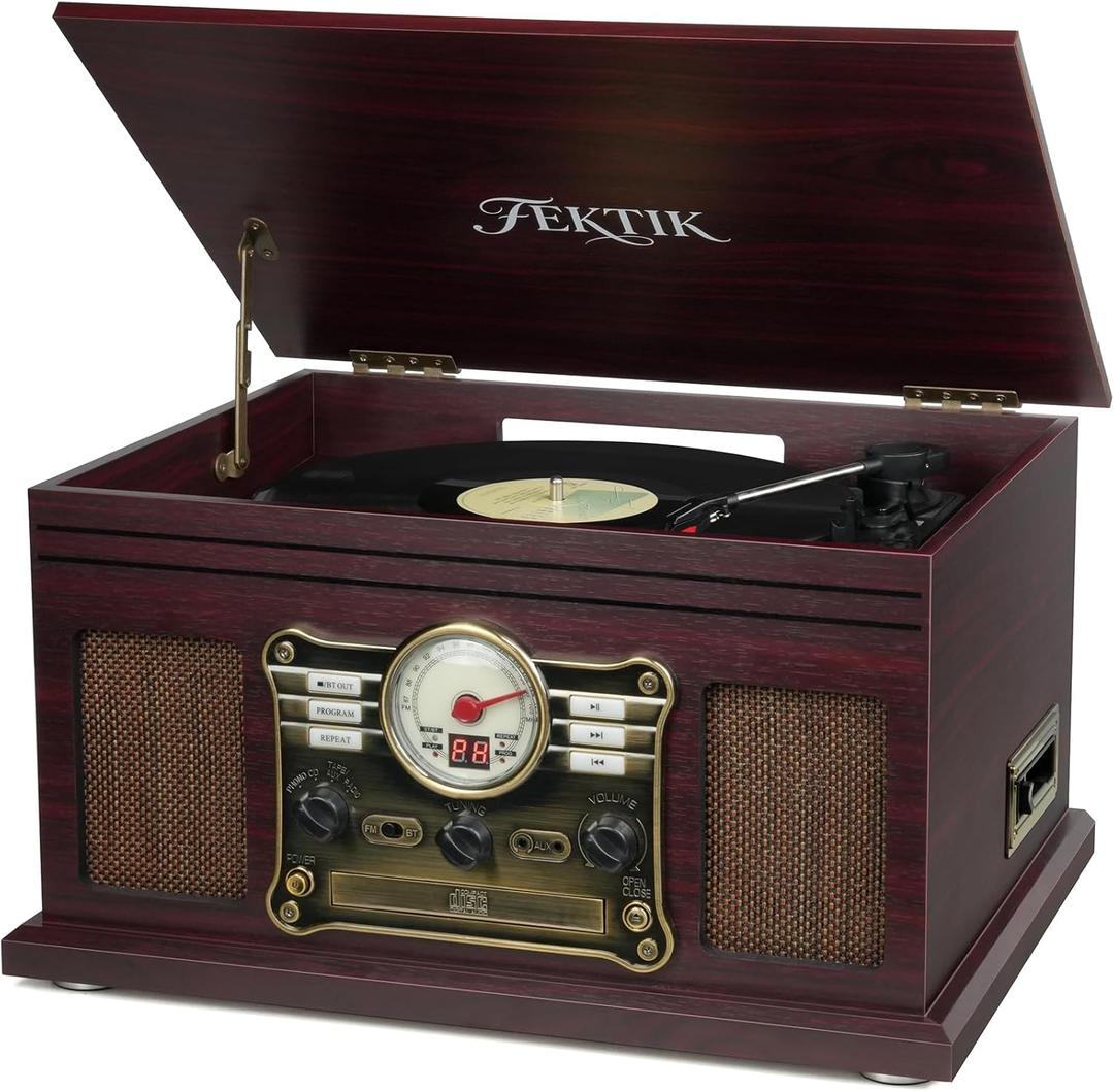 FEKTIK Bluetooth Record Player 10 in 1, 3-Speed Belt-Drive Turntable with Speakers, Bluetooth Input & Output, CD, Cassette, FM Radio, Wireless Streaming